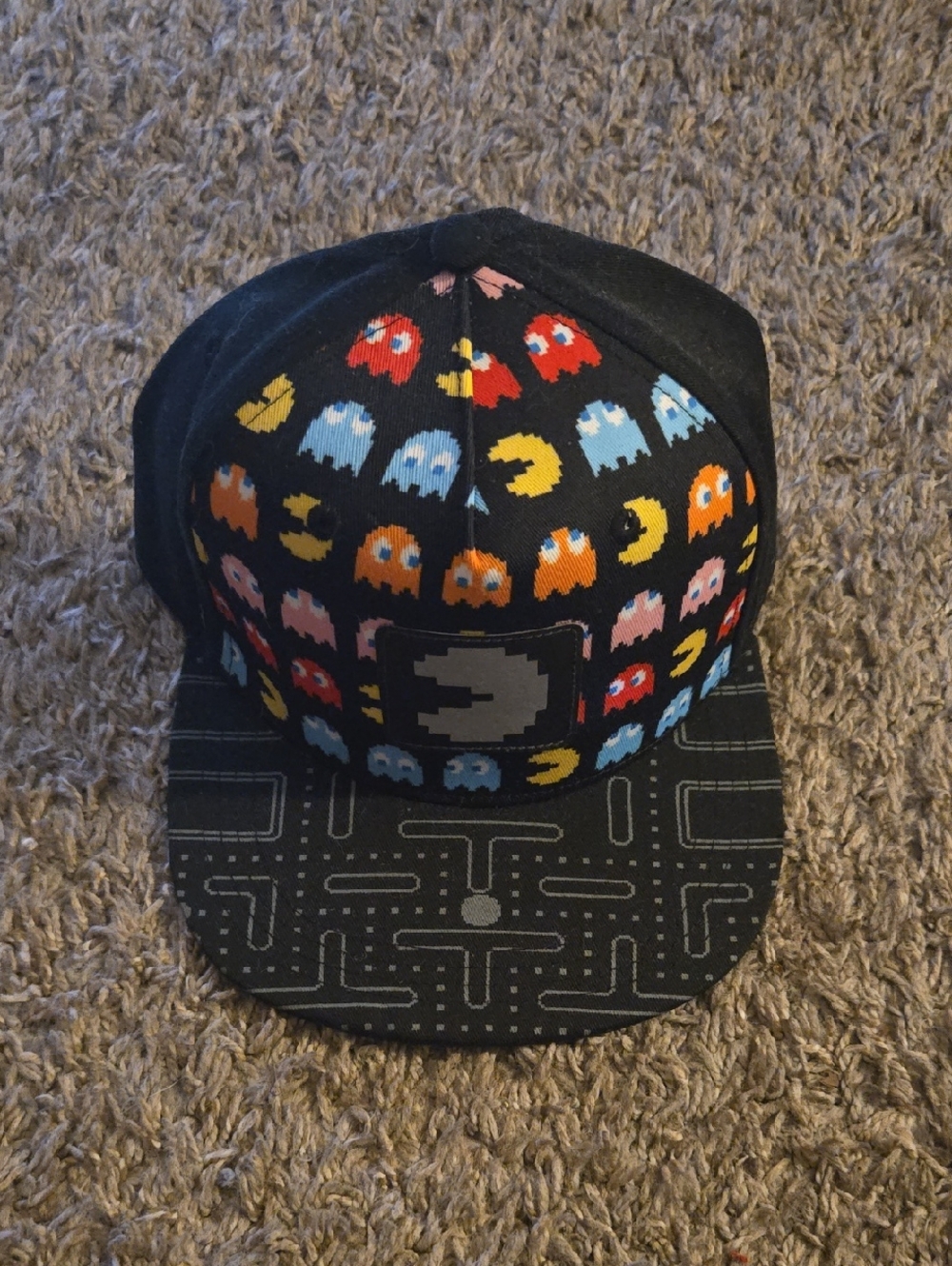 Retro Pac-Man Snapback Hat in Black with Multicolor Ghosts